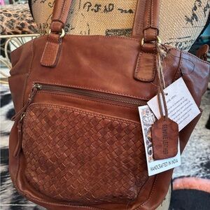 Handcrafted Brown Woven Leather Tote Bag - Genuine Leather